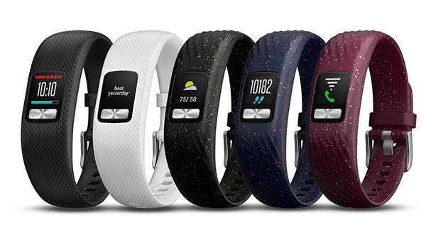 Garmin vívofit 4 activity tracker in different colored bands.
